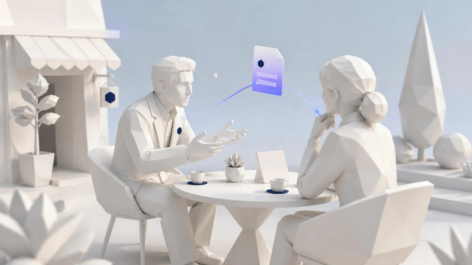 Two people having a relaxed, genuine conversation across a small table, representing the trust and human connection a well-written About page should build between a small business and its potential buyers.