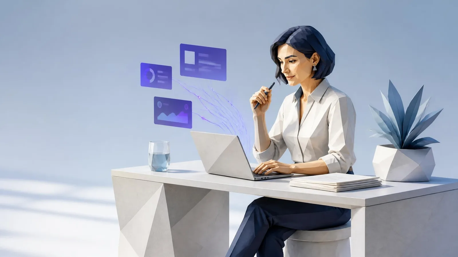 A woman in her early 40s seated at a minimal desk, reading her laptop with a focused and calm expression, representing a buyer finding clear answers to their questions on a well-structured FAQ page.
