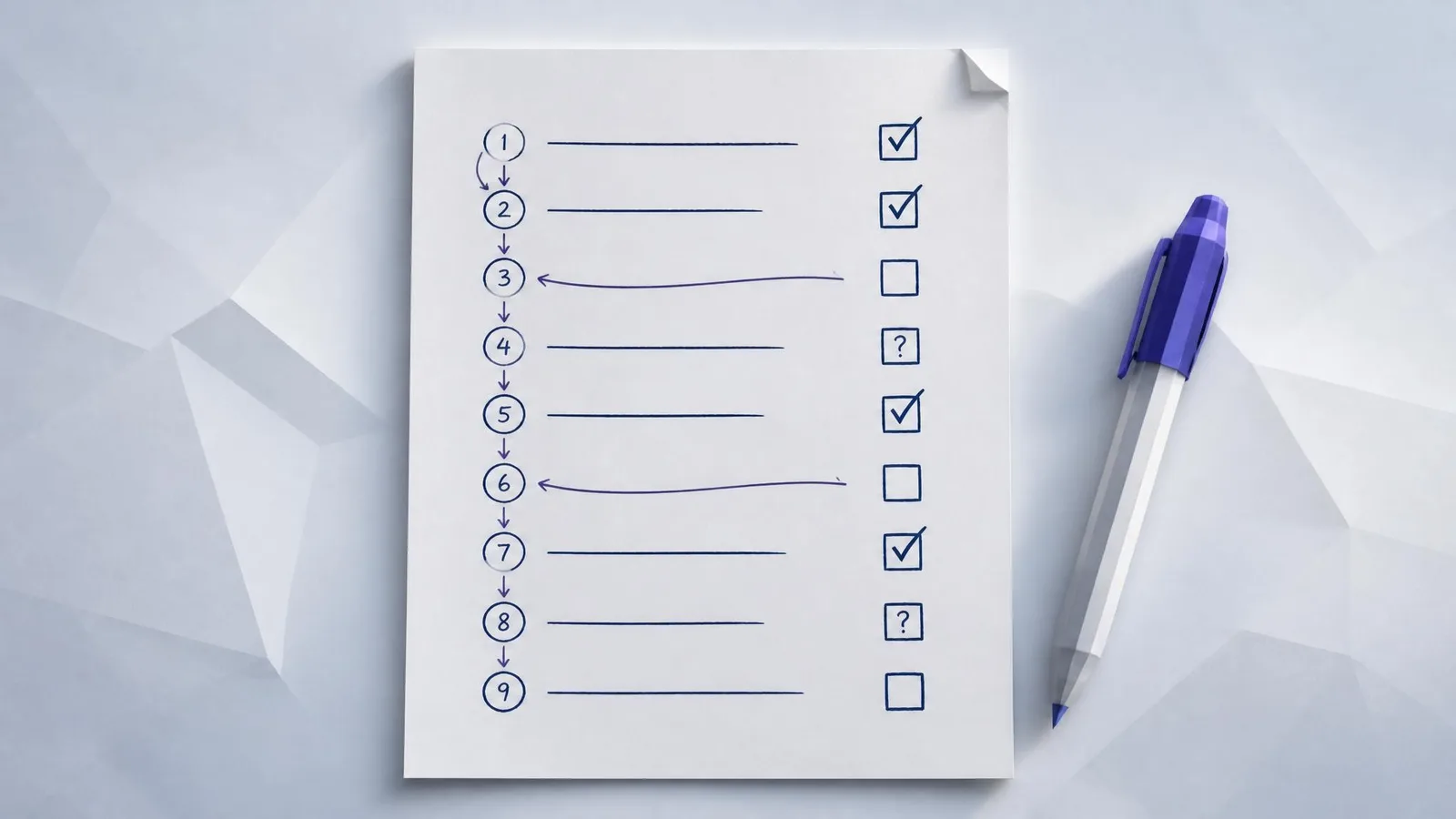 A hand-written nine-item checklist on a sheet of paper with some boxes ticked and others left blank, representing a practical website audit a small business owner can work through one step at a time.
