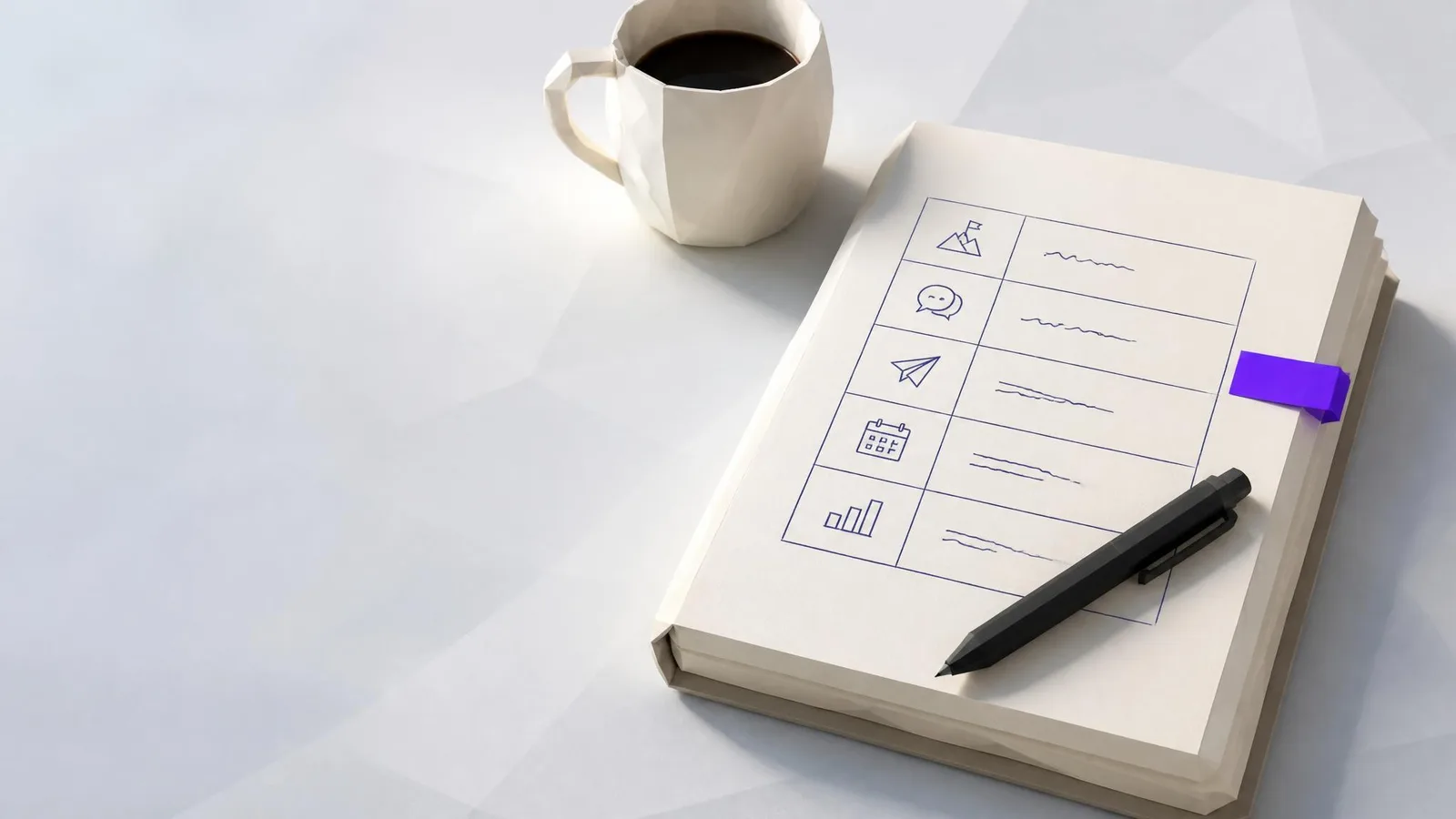 Overhead flat-lay of a notebook with a handwritten five-row campaign framework table, a black pen, a coral adhesive tab, and a white coffee cup on a clean white desk.