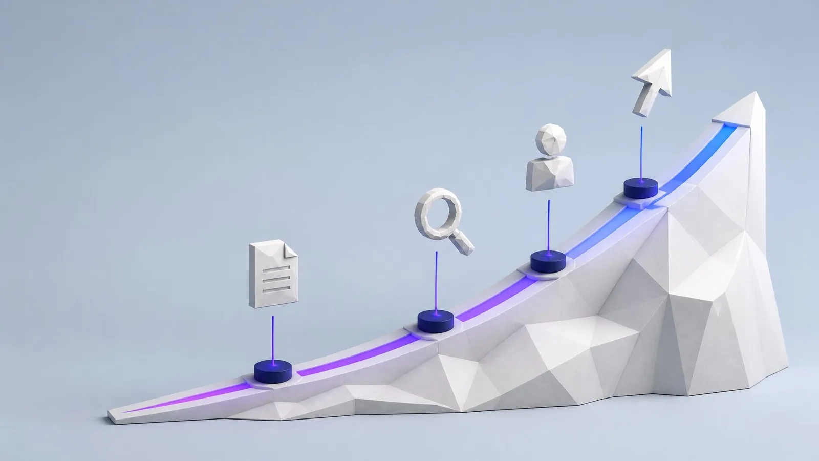 Editorial infographic illustration of an upward-curving line graph with four milestone markers in deep navy and coral, representing the compounding growth of a content-led campaign strategy.