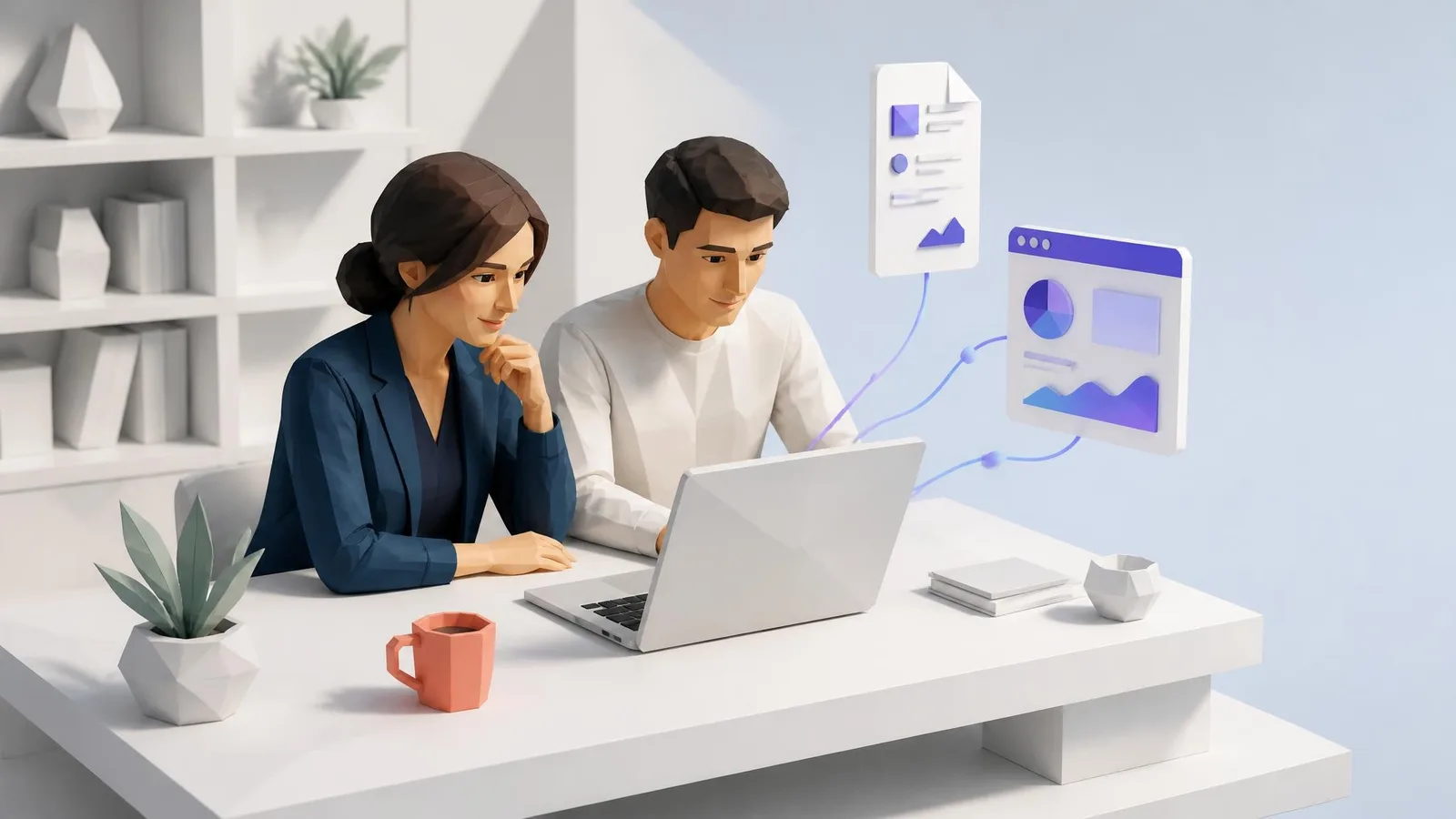 Two members of a small marketing team seated at a white desk reviewing campaign content on a shared laptop in a bright, plant-filled office.