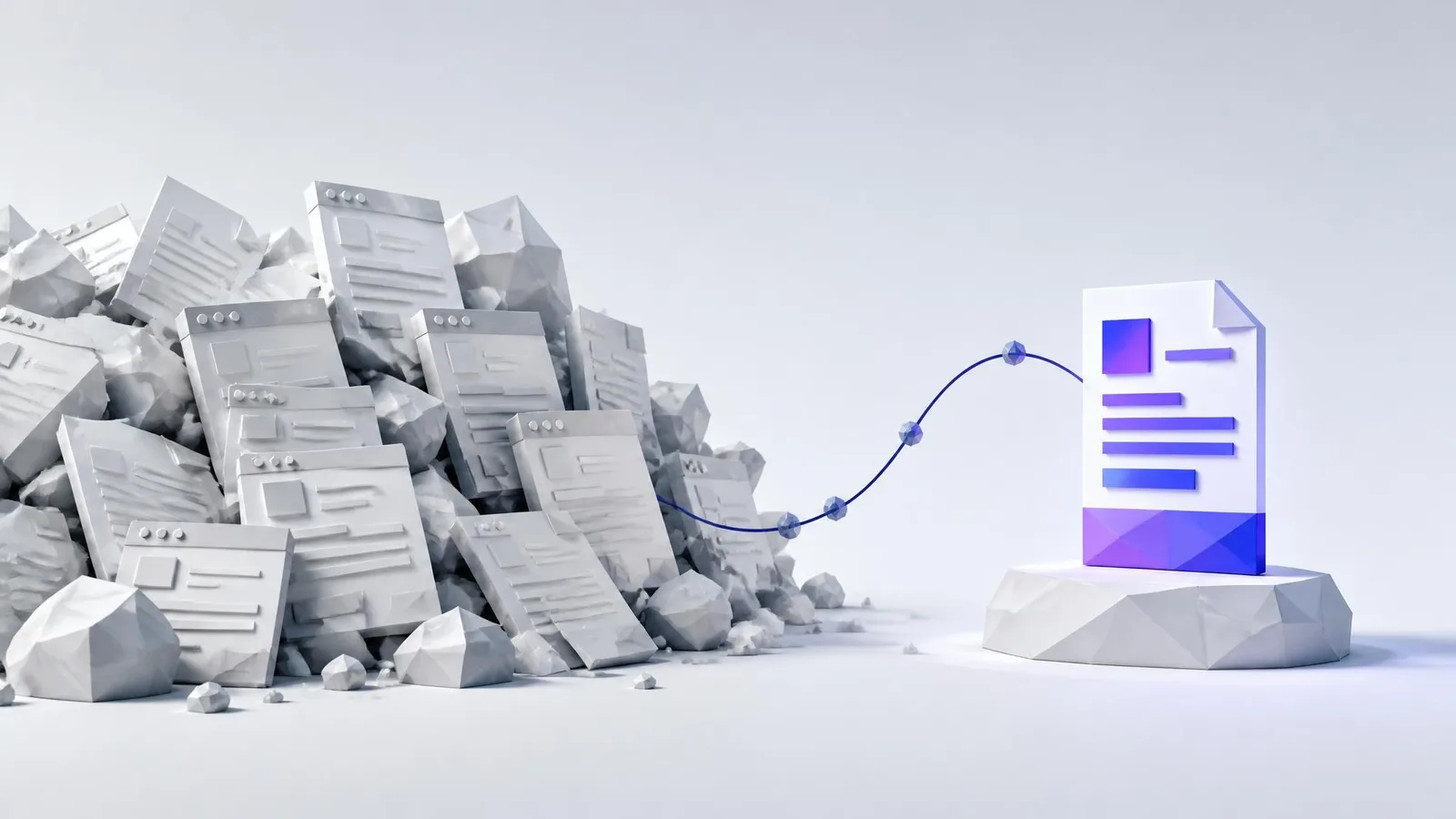 A visual metaphor contrasting a flood of identical grey content blocks on the left with a single warm, distinct document glowing on the right, representing the scarcity of trustworthy content amid AI-generated noise.