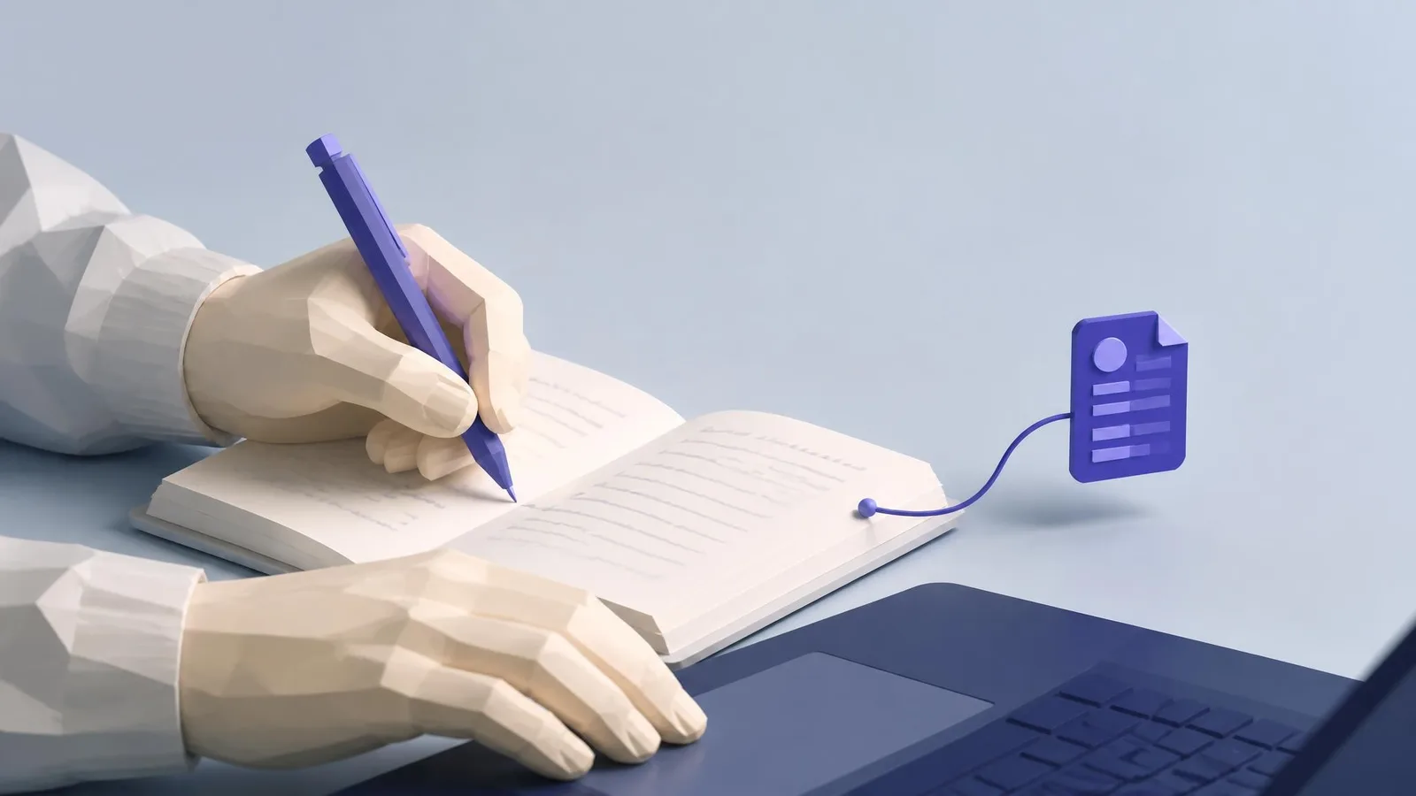 Close-up of hands writing notes in a notebook beside a laptop, representing the human expertise and contextual judgment that build genuine content trust.