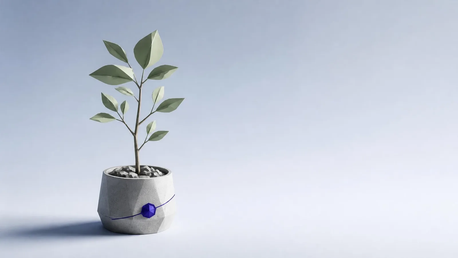 A single small plant growing in a concrete pot against a dark navy background, symbolising the compounding authority that comes from consistent, expertise-driven content over time.