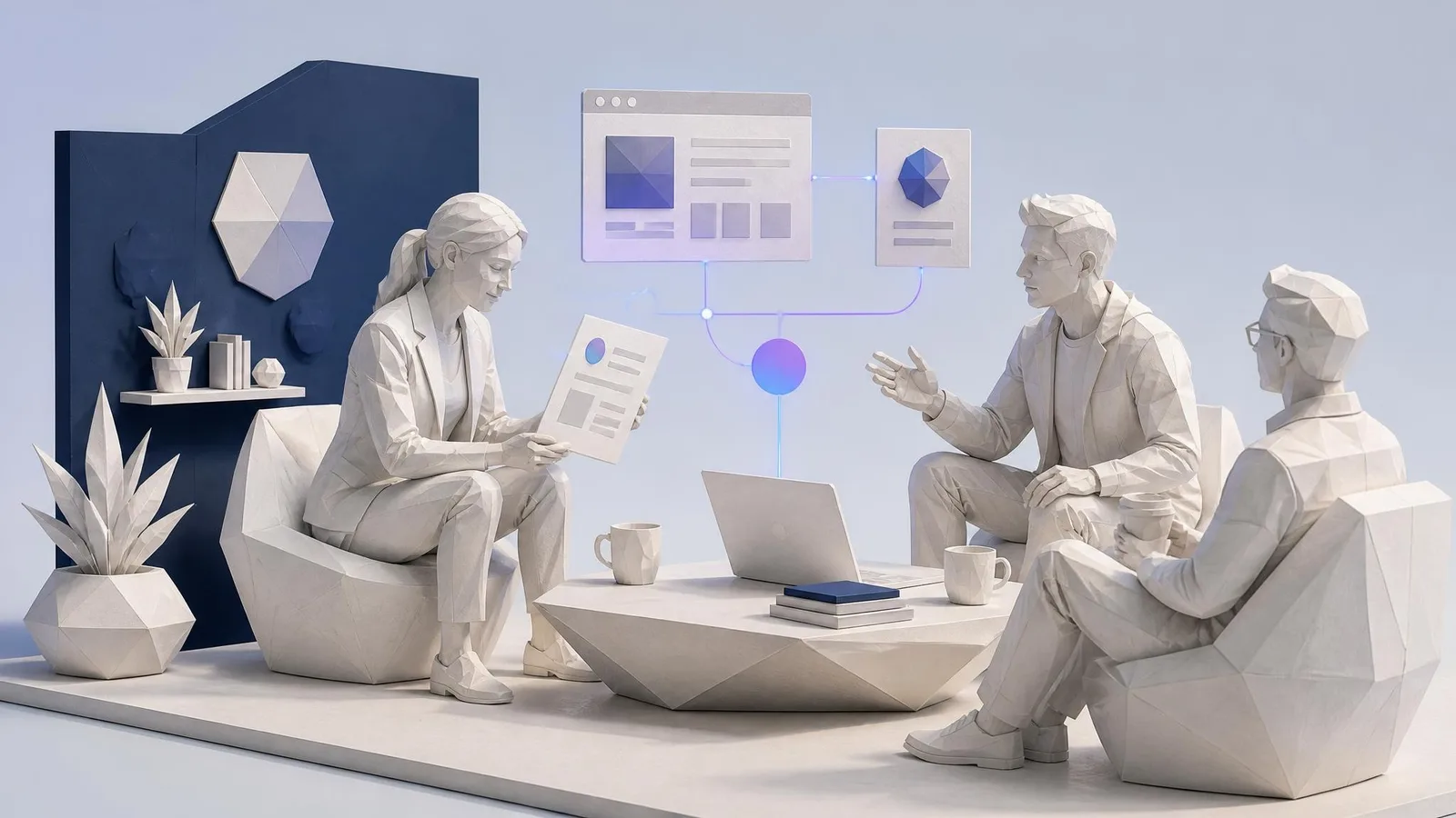 A small team of 2 to 3 people seated casually around a minimal table reviewing documents and talking, representing a lean marketing team building content strategy with human expertise at its core.