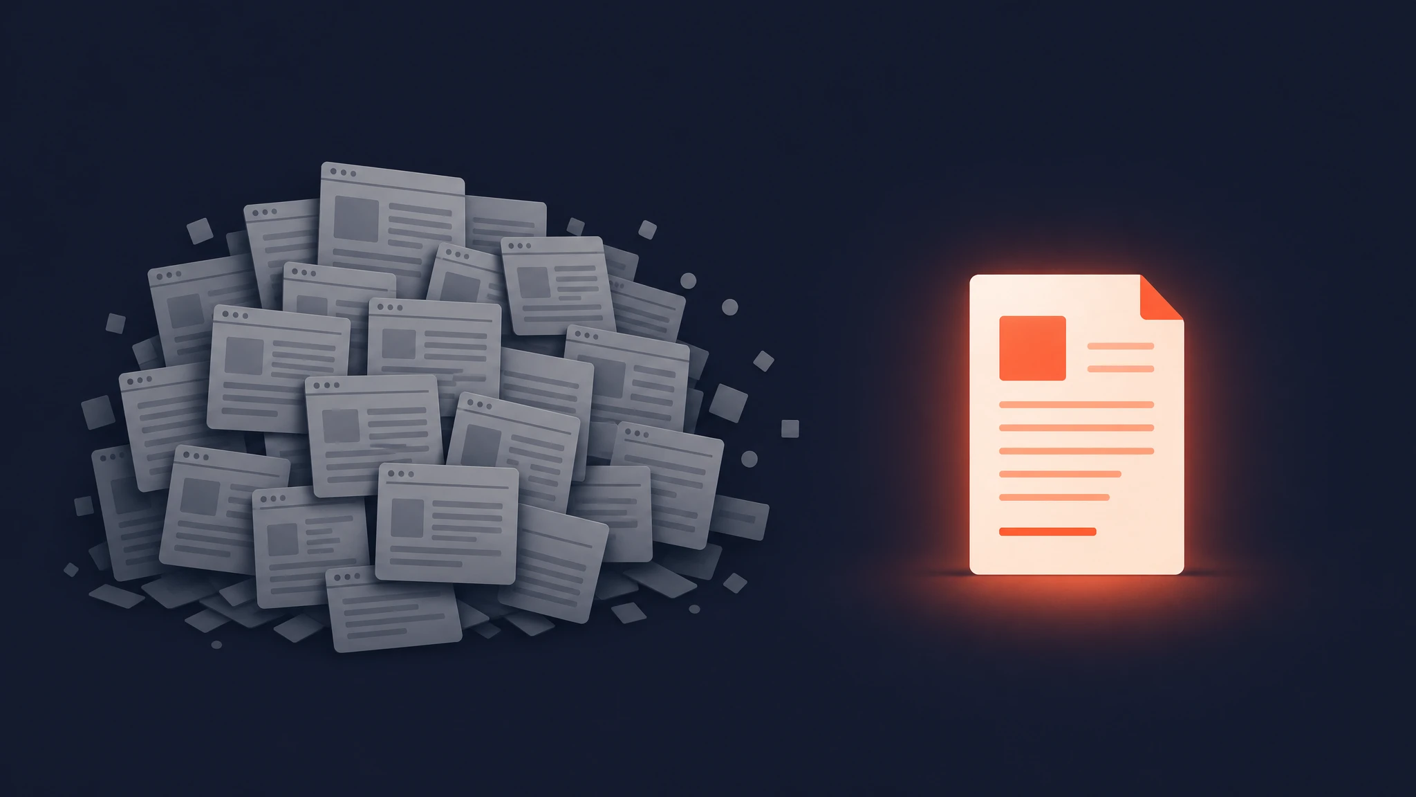 A visual metaphor contrasting a flood of identical grey content blocks on the left with a single warm, distinct document glowing on the right, representing the scarcity of trustworthy content amid AI-generated noise.
