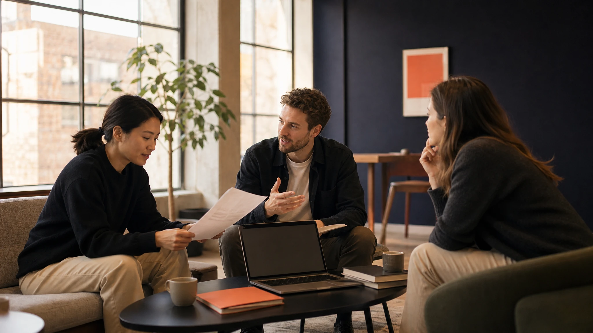 A small team of 2 to 3 people seated casually around a minimal table reviewing documents and talking, representing a lean marketing team building content strategy with human expertise at its core.