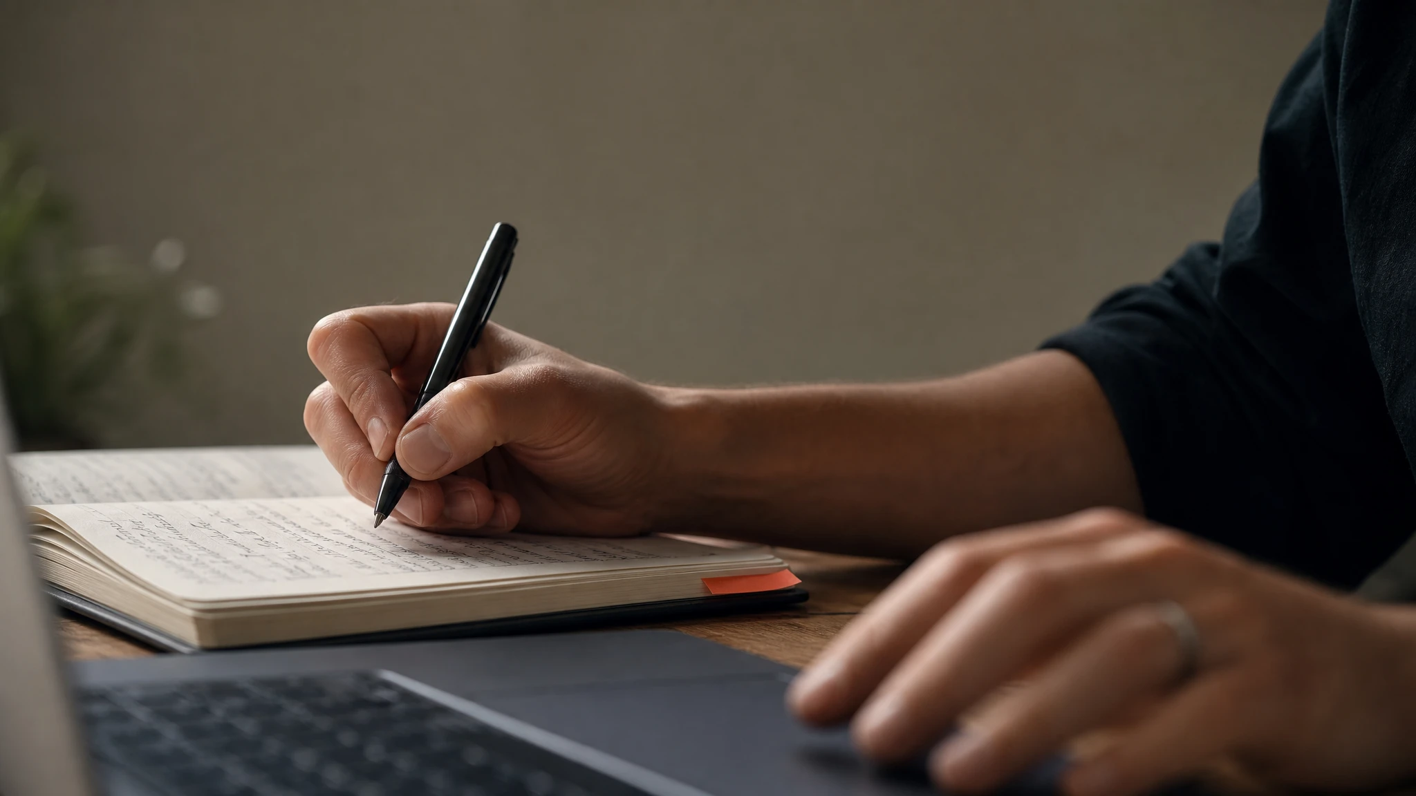 Close-up of hands writing notes in a notebook beside a laptop, representing the human expertise and contextual judgment that build genuine content trust.