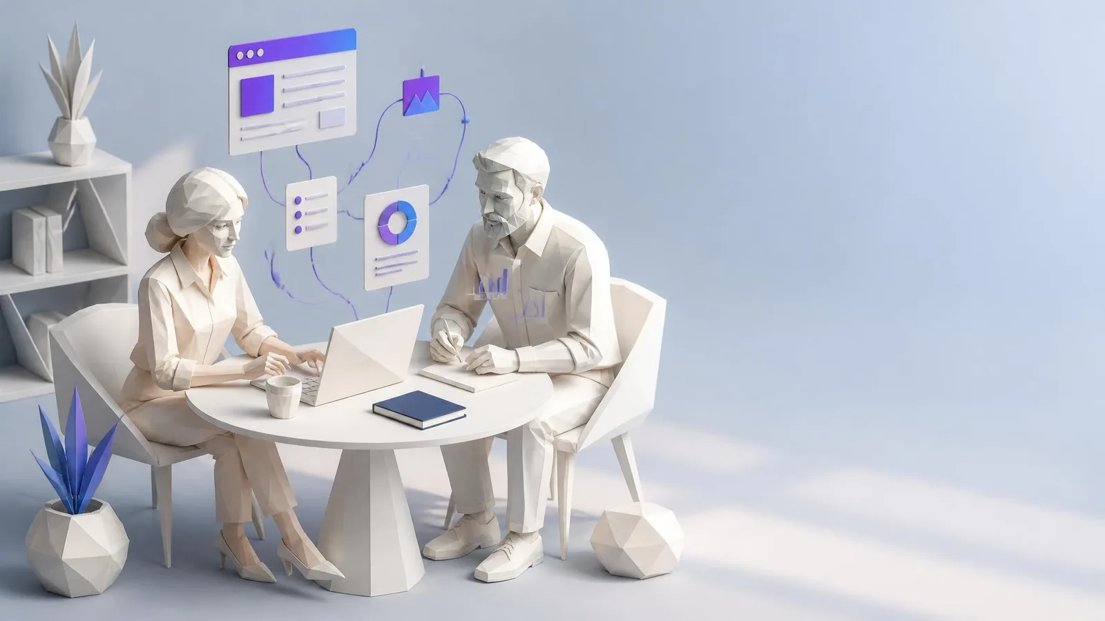 Two professionals in casual business attire reviewing content together on a laptop at a small round table in a bright minimal workspace, representing a lean marketing team using an AI-assisted content workflow.