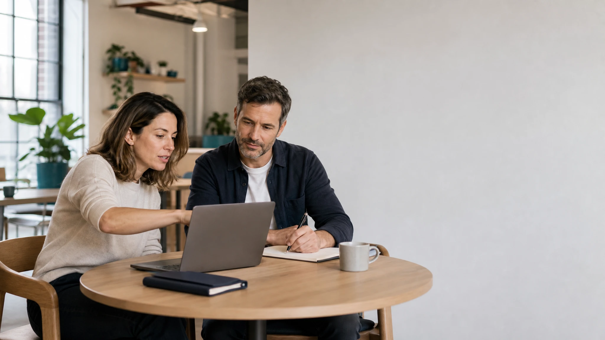 Two professionals in casual business attire reviewing content together on a laptop at a small round table in a bright minimal workspace, representing a lean marketing team using an AI-assisted content workflow.
