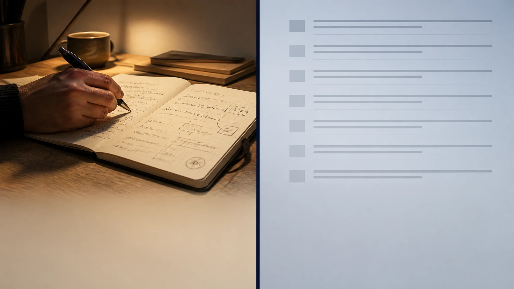 A split-frame image contrasting a human hand writing in a notebook on the warm left side with cold, identical rows of text on a screen on the right, visualising the difference between human originality and generic automated copy.