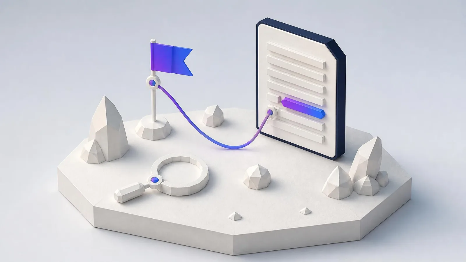 A 3D illustrated scene of a floating document card connected by a glowing indigo curved line to a magnifying glass and a small flag badge, representing the identification of an invented or inverted detail inside an AI-drafted document.