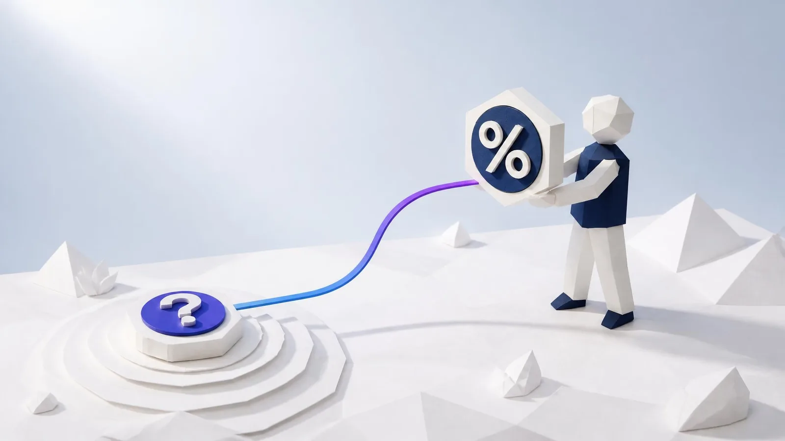 A 3D illustrated geometric figure holding a floating percentage badge, with a glowing violet-blue line tracing toward an empty anchor point and question-mark icon, representing the process of verifying an unsourced AI-generated statistic.