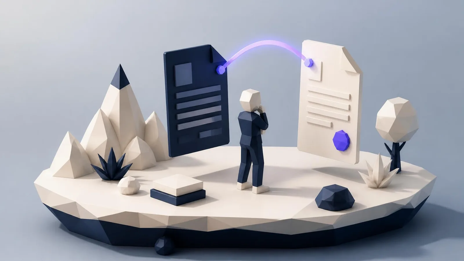A 3D illustrated scene of two floating document cards in navy and off-white, connected by a glowing violet-blue arc, with a small geometric figure reading between them, representing the process of comparing an AI summary against the original source.