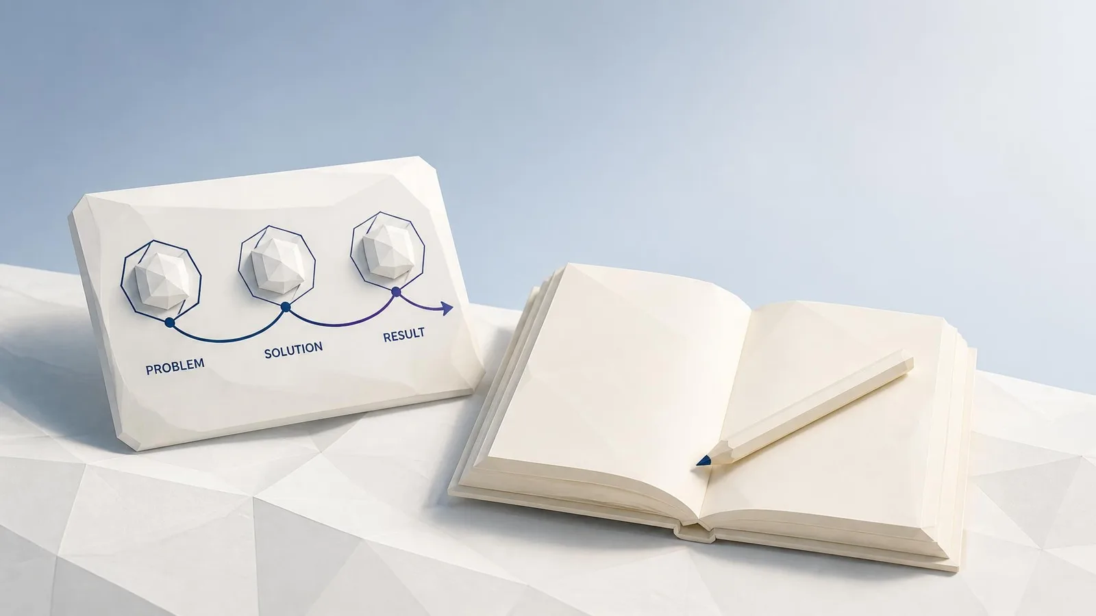 Two objects on a cream surface: a hand-drawn three-box scaffold diagram on card stock beside a blank open notebook with a pencil resting on it, illustrating the contrast between a ready-made narrative structure and building an argument from scratch.