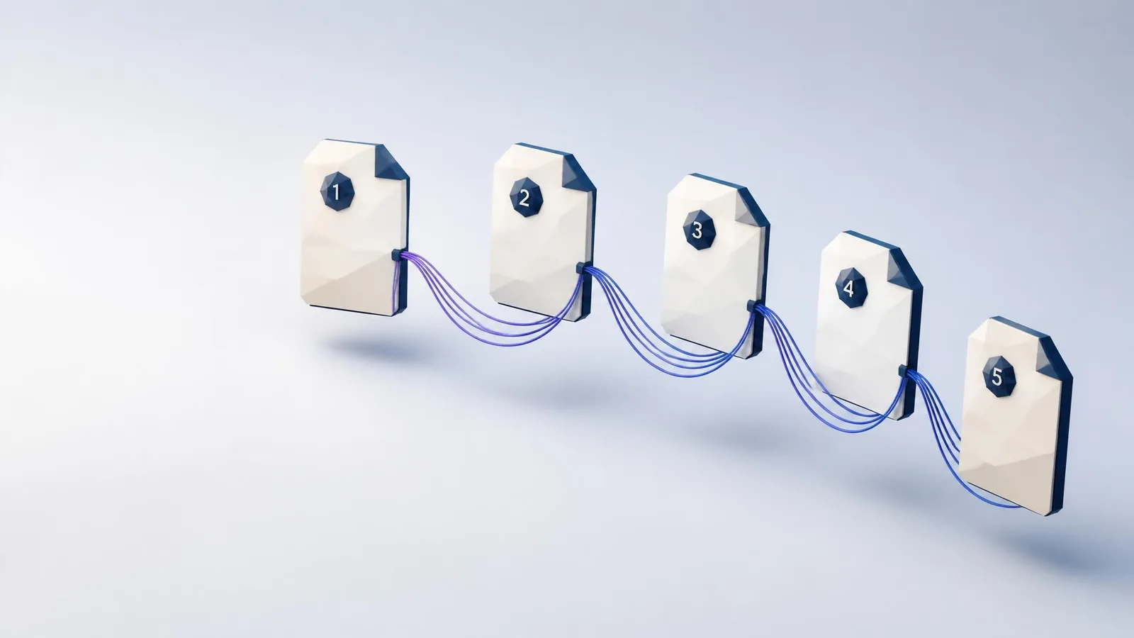 Five floating white document cards connected by indigo-violet curved lines, arranged in an arc against a pale blue-grey background, representing the five different ways to end a blog post.