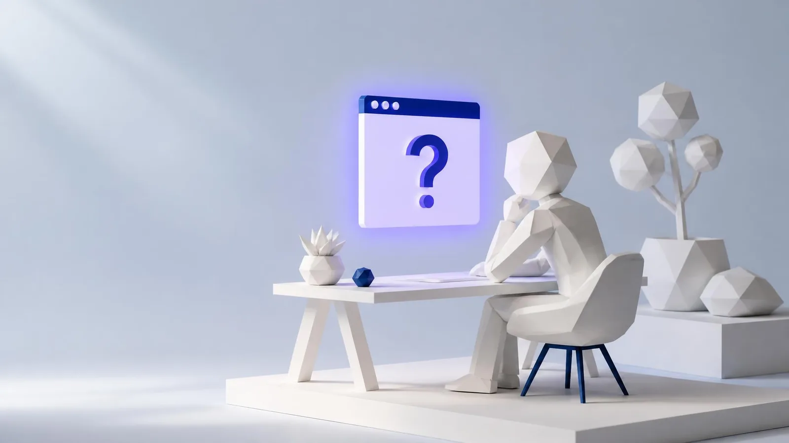 A small 3D illustrated geometric figure seated at a white desk, looking at a floating browser card displaying a glowing navy question mark, representing the tension question ending technique for blog posts.