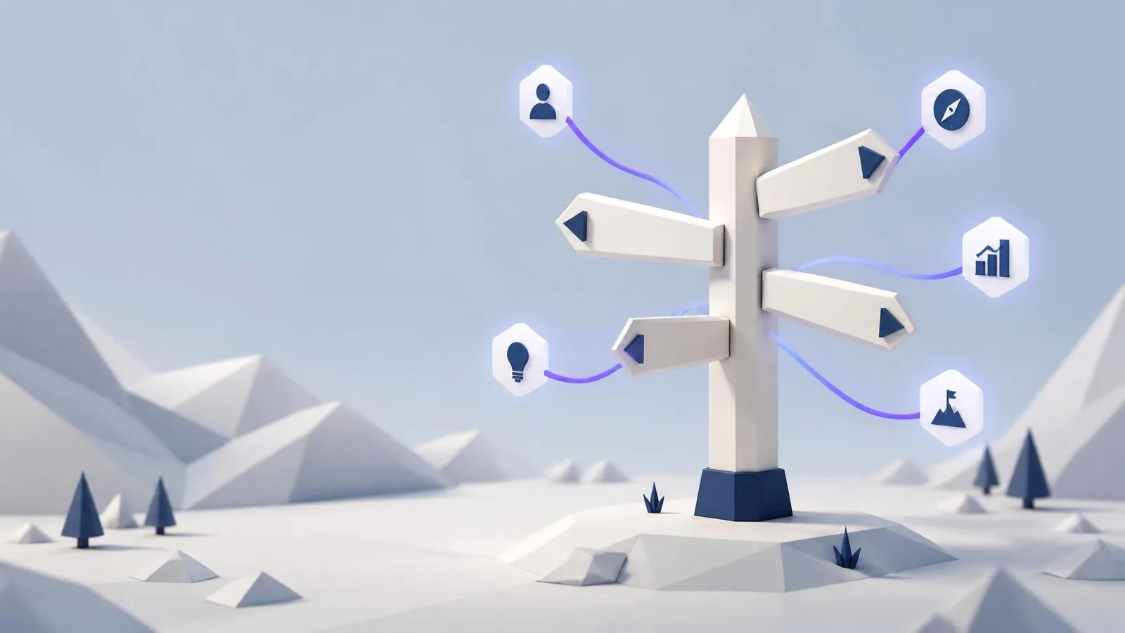 A 3D illustrated white and navy geometric signpost with five directional arrows fanning outward, each connected by violet-blue curved lines to floating icon badges, representing choosing the right ending type for a blog post.