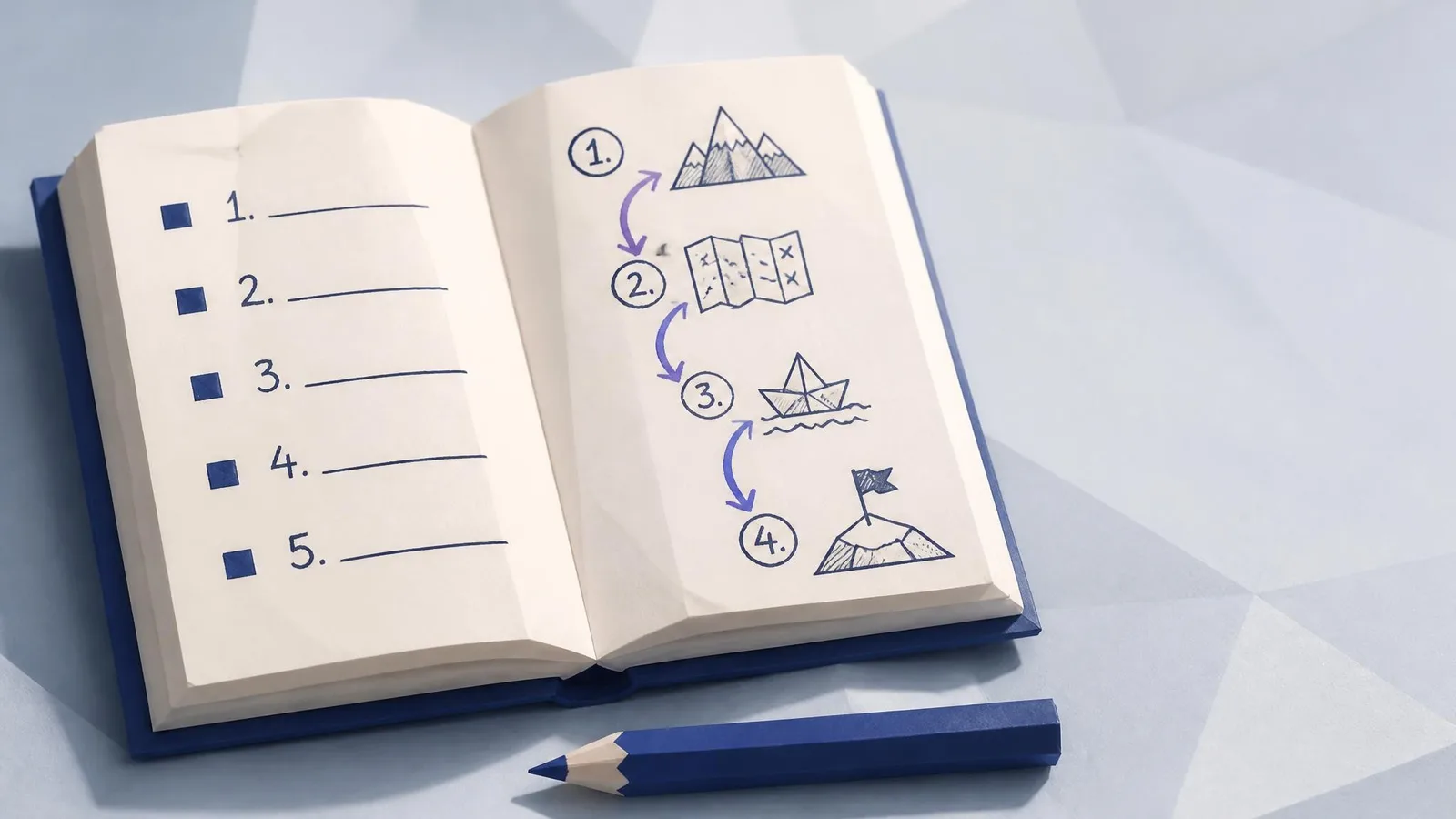 Open notebook showing a hand-drawn numbered list on the left page and a sequential step diagram on the right page, illustrating the difference between a listicle and a how-to guide format.