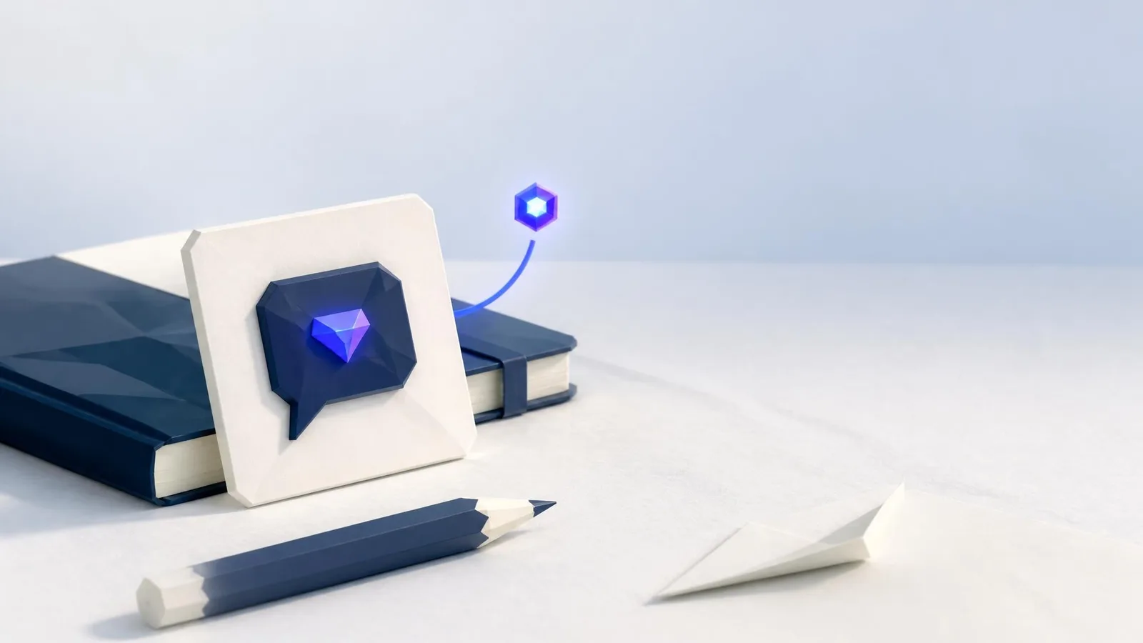Minimal desk flat-lay featuring a handwritten card with a hand-drawn speech bubble propped against a closed notebook, representing a distinct point of view in a thought leadership blog post.