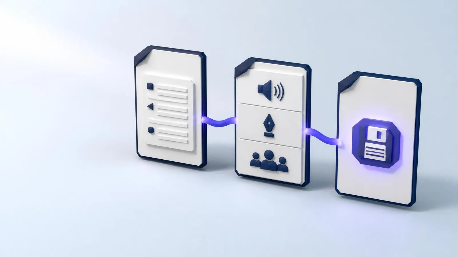 3D rendered illustration of three floating document cards connected by violet curved lines, representing the three one-time setup steps for a brand voice prompt template: annotated examples, separated voice and tone sections, and stored instructions.