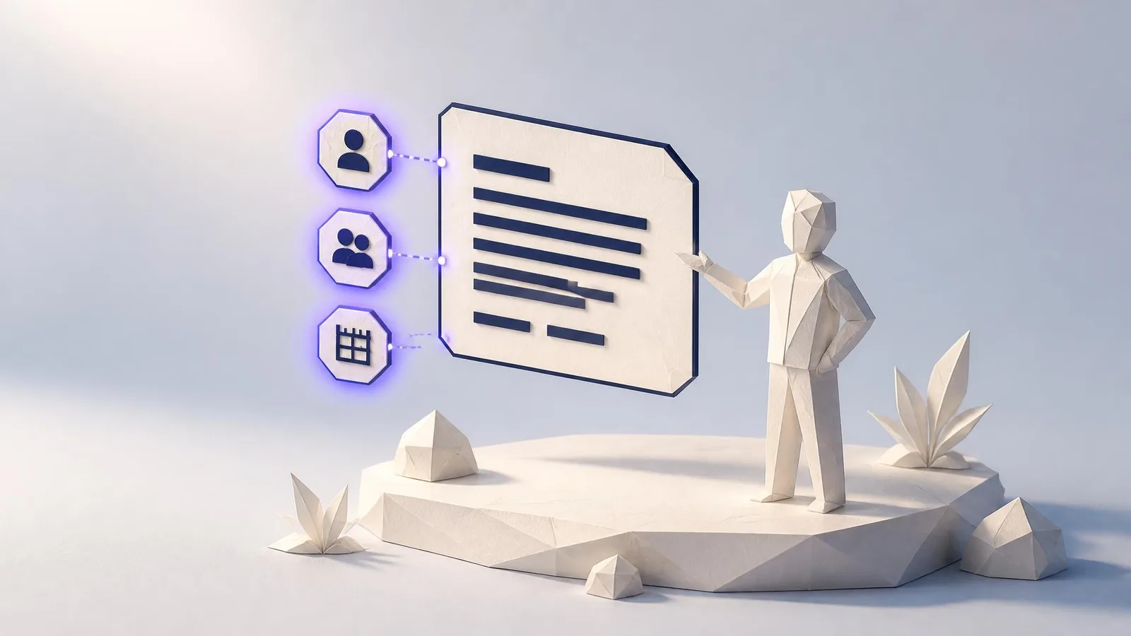 3D rendered illustration of a geometric figure gesturing at a floating prompt card with three badge icons representing role, audience, and structural constraint, illustrating the components of an effective AI brand voice prompt.