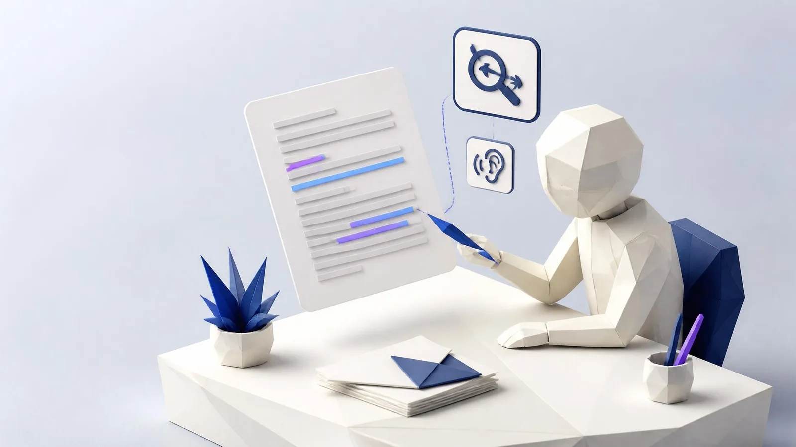 3D rendered illustration of a geometric figure reviewing a floating document card with highlighted edits, alongside icons for find-and-replace and read-aloud review, illustrating the post-draft editing process for preserving brand voice in AI content.