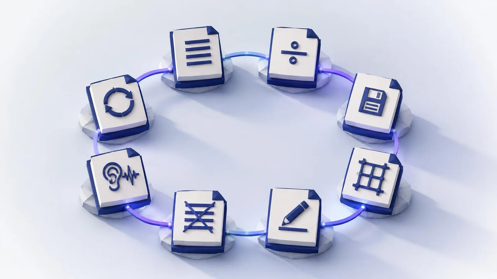 3D rendered illustration of 8 floating document and icon cards arranged in a connected loop with violet curved lines, representing the 8 sequential interventions for maintaining brand voice across AI-generated content drafts.