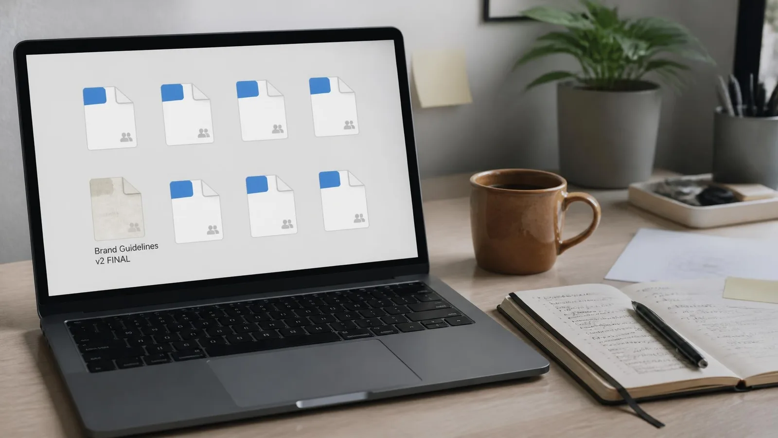 A laptop on a busy desk displaying a file management screen with an outdated brand guidelines document buried among more recently accessed files, representing the common problem of guidelines that exist but never get opened.