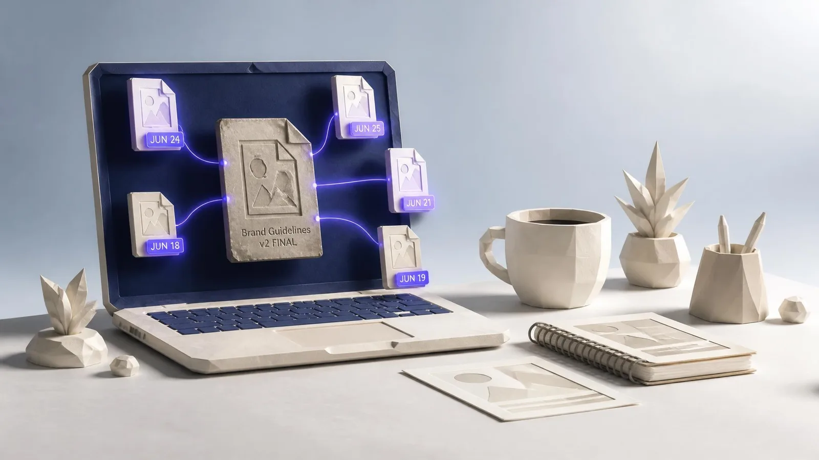 A laptop on a busy desk displaying a file management screen with an outdated brand guidelines document buried among more recently accessed files, representing the common problem of guidelines that exist but never get opened.