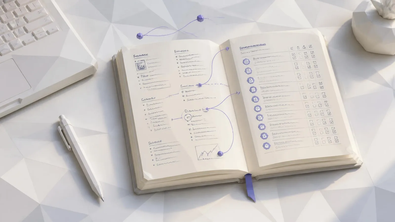Overhead view of an open notebook with a structured content brief template alongside a pen and laptop keyboard on a timber desk, representing a practical voice brief embedded directly into a writer's workflow.