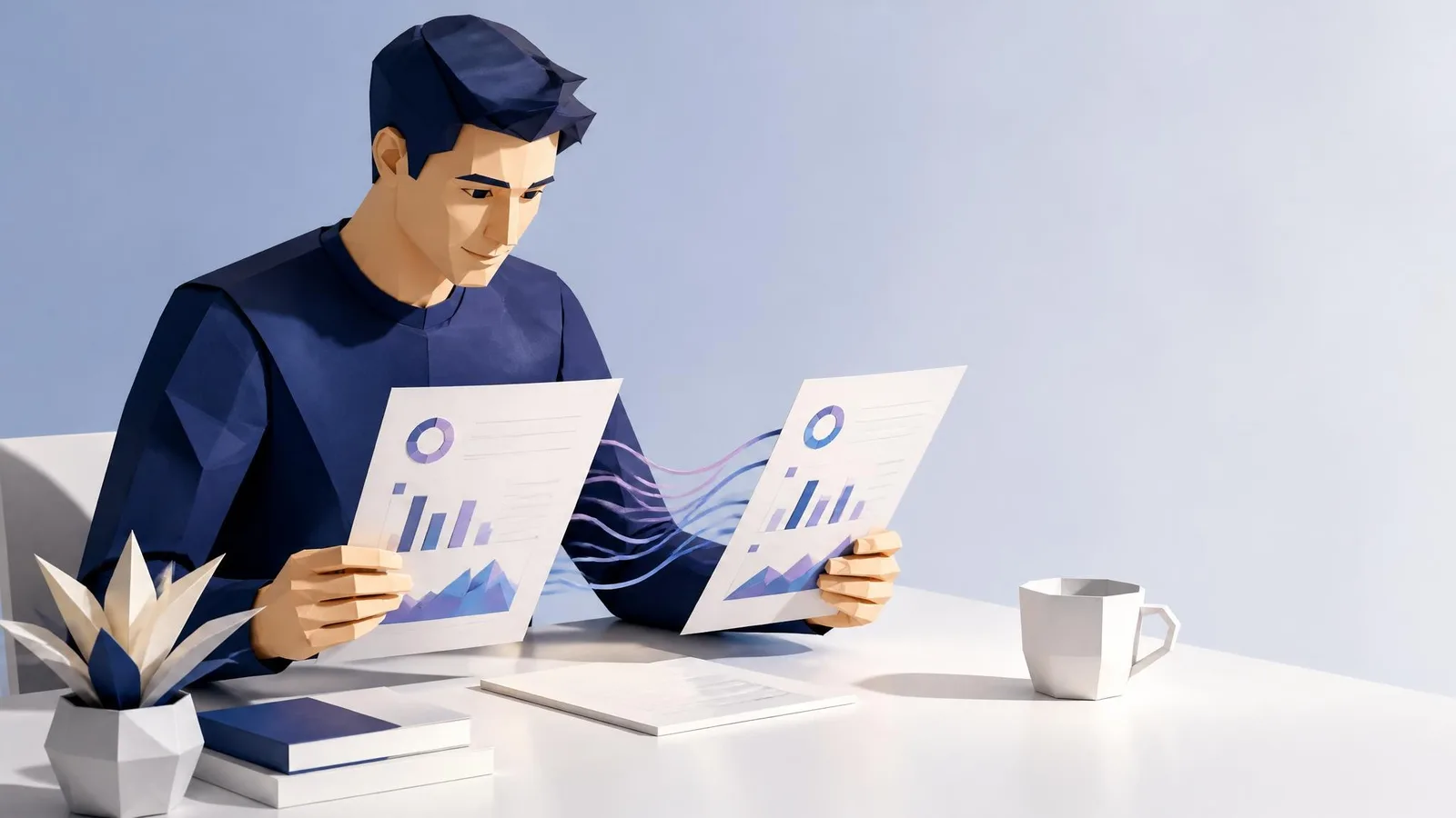 A person in casual business attire sits at a white desk comparing two printed documents side by side, representing the process of reviewing AI-assisted content drafts against brand voice guidelines.