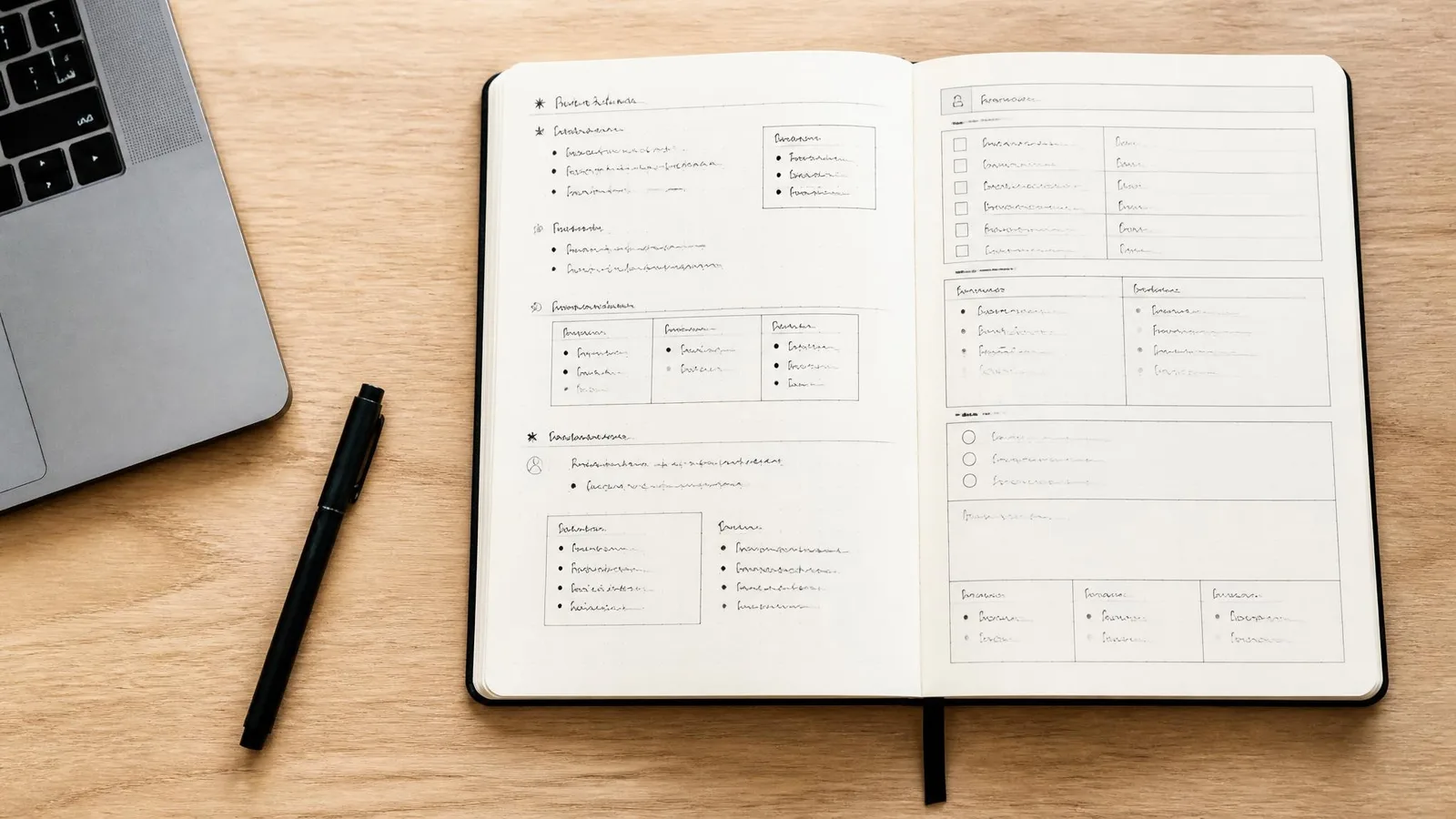 Overhead view of an open notebook with a structured content brief template alongside a pen and laptop keyboard on a timber desk, representing a practical voice brief embedded directly into a writer's workflow.