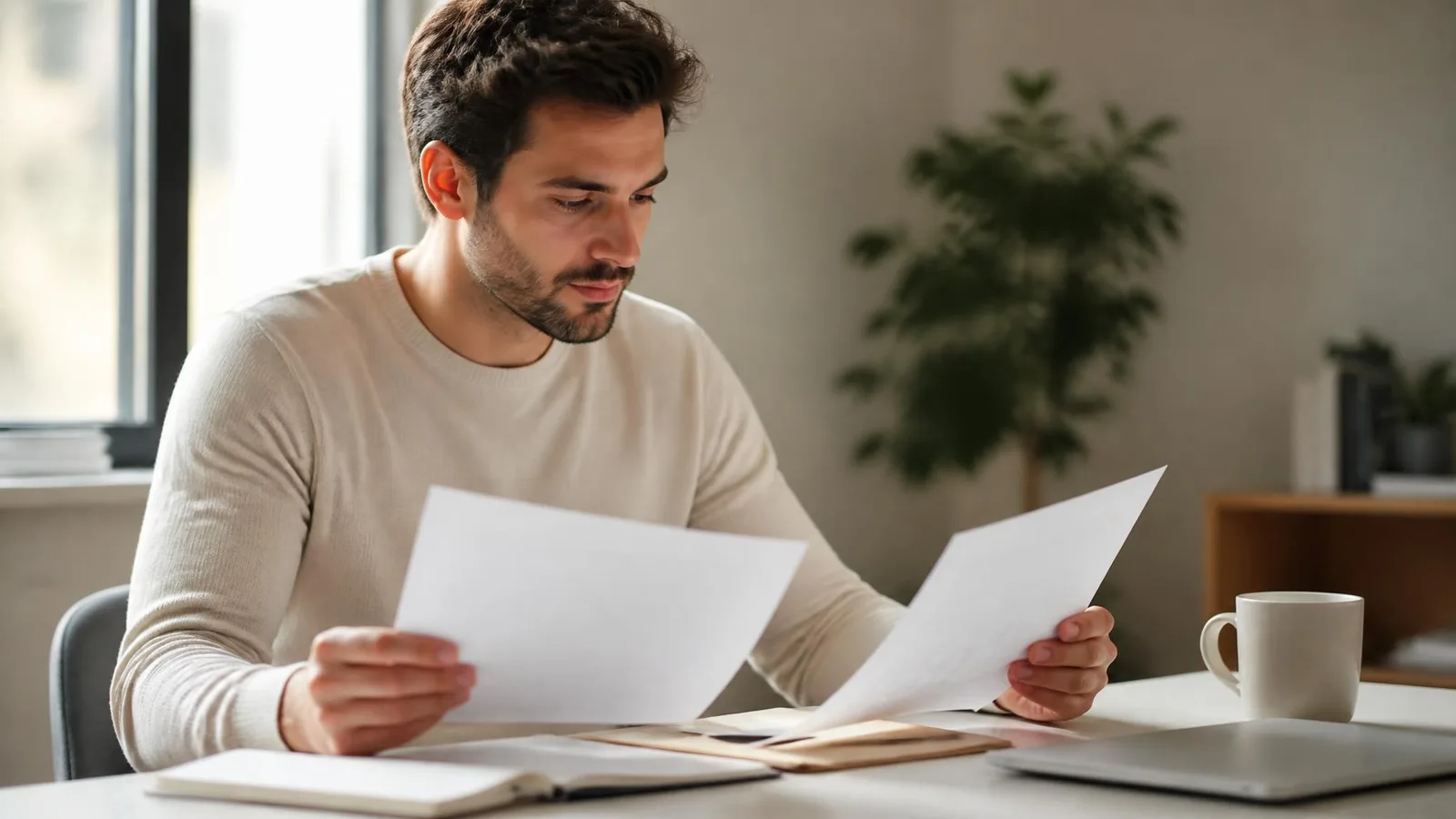 A person in casual business attire sits at a white desk comparing two printed documents side by side, representing the process of reviewing AI-assisted content drafts against brand voice guidelines.