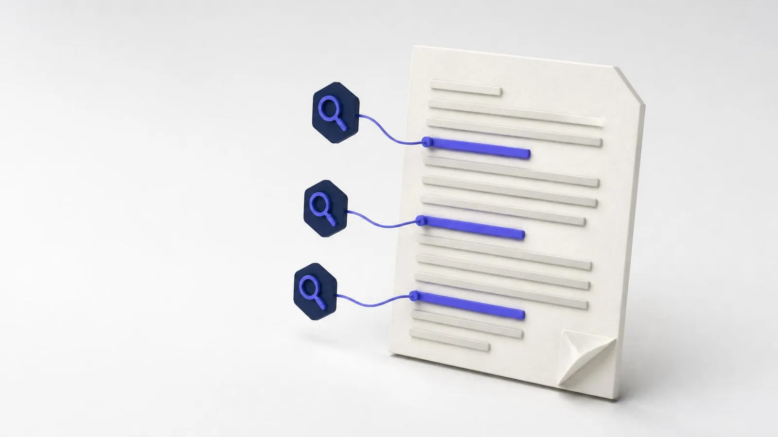 3D illustrated floating document card with highlighted text bars and magnifying glass icons connected by violet lines, representing targeted fact-checking of specific claims in an AI-drafted article.