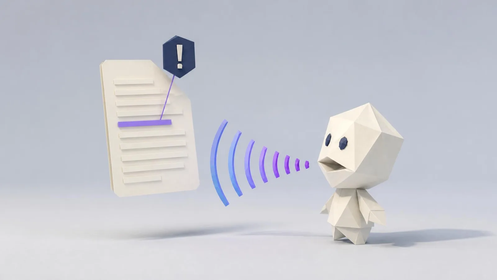 3D illustrated geometric figure speaking aloud toward a floating document card, with a violet sound-wave arc and a navy warning badge flagging a drifted phrase, representing the read-aloud brand voice check.