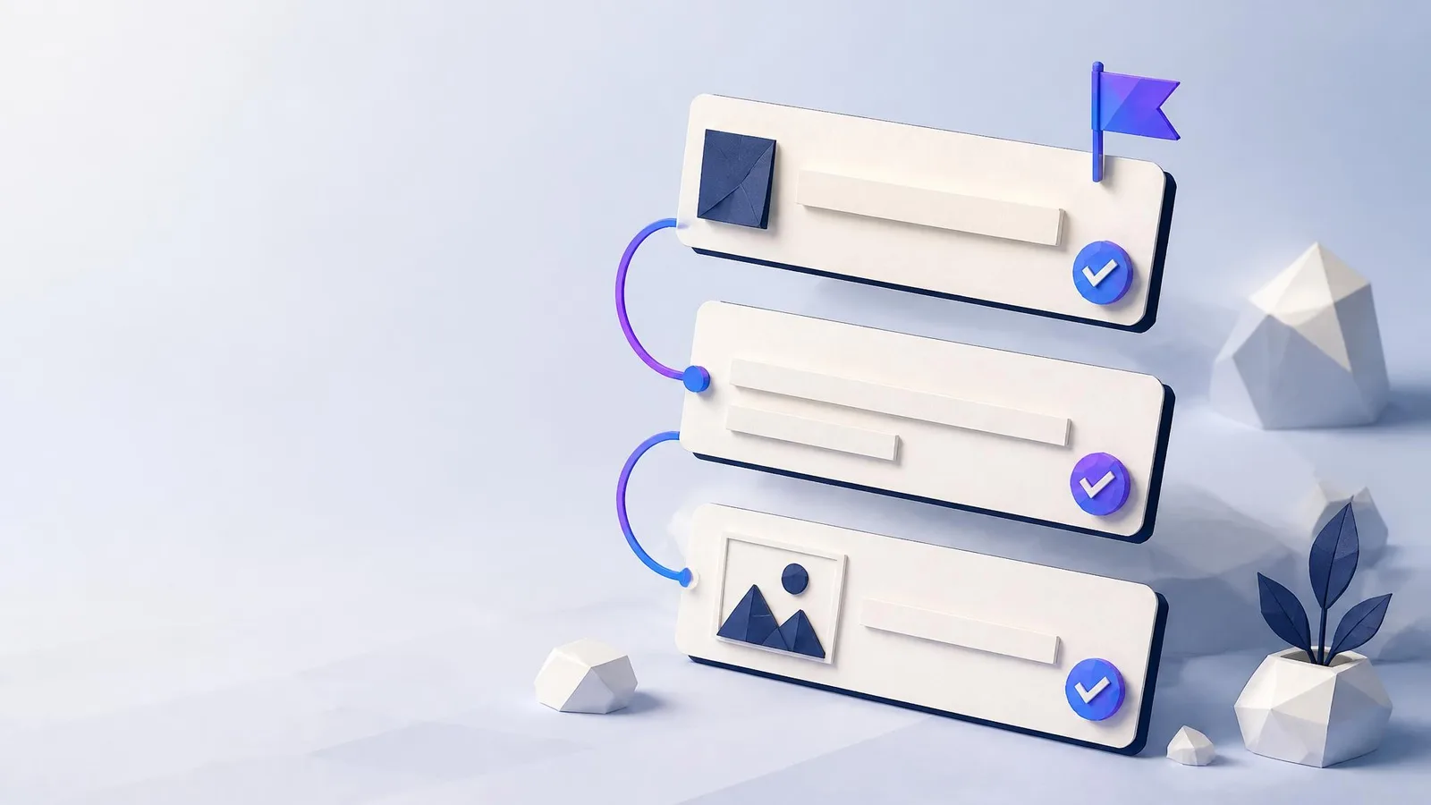 3D illustrated stack of floating document cards representing an H1 heading, meta description, and alt text field connected by violet lines with checkmark icons, depicting a structured review of all content elements beyond body copy.