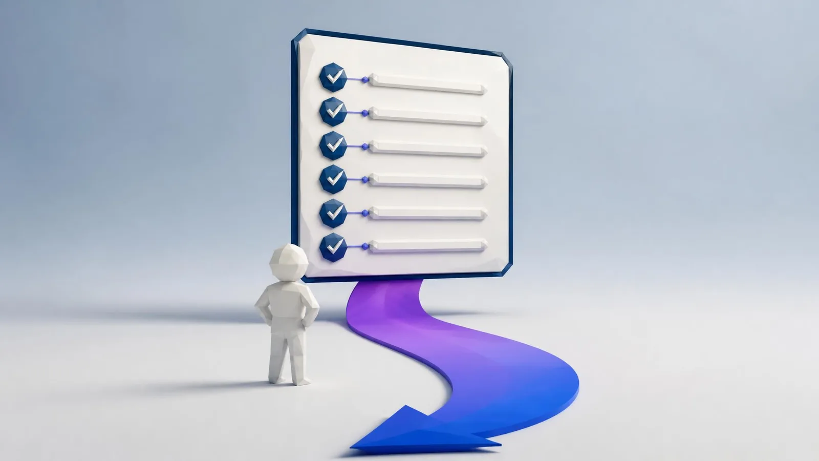 3D illustrated geometric figure standing before a floating six-item checklist document card with a violet arc flowing forward, representing the completion of an AI content review process and the next step forward.