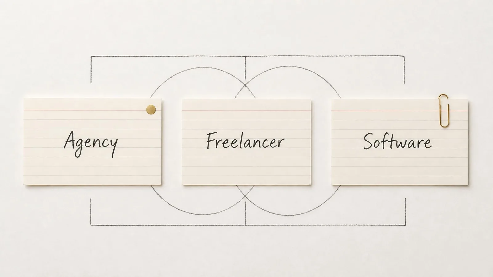 Three handwritten index cards labelled Agency, Freelancer, and Software arranged side by side on a white surface with a light pencil diagram connecting them, illustrating the three content marketing provider models.