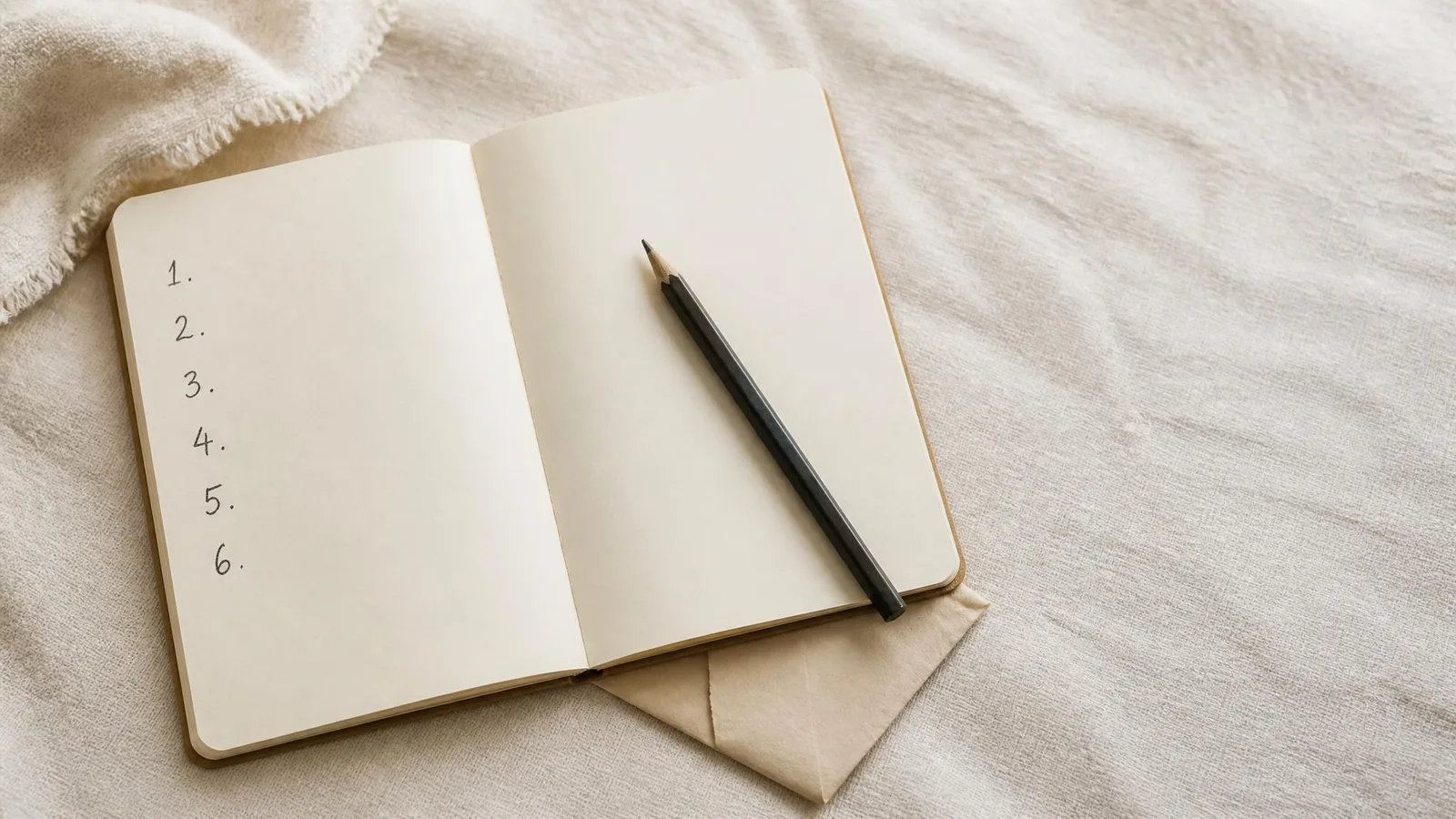 Open notebook showing a numbered handwritten checklist in progress, a pencil, and a folded note on a cream surface, representing the six questions to ask a content marketing provider before signing.