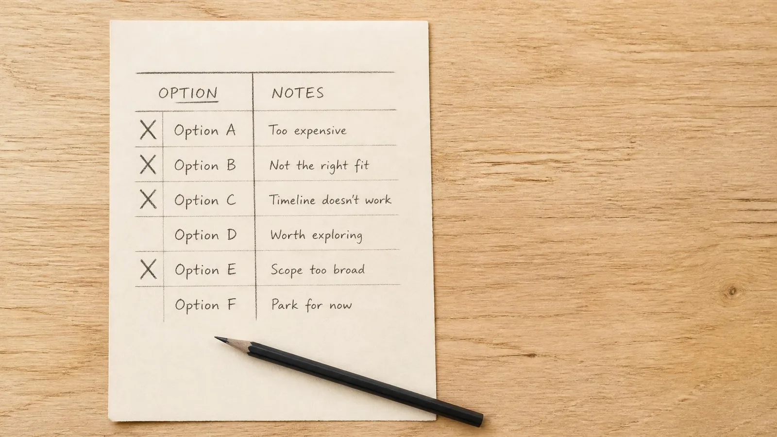 A hand-drawn checklist on cream paper with several items marked with an X in charcoal ink and a pencil resting across it on a light wood surface, representing the red flags to watch for when evaluating a content marketing service.