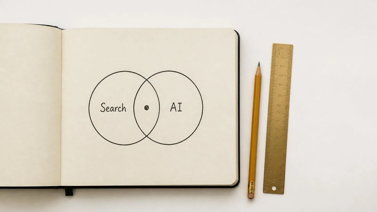 Hand-drawn Venn diagram in charcoal ink on an open notebook page showing the overlap between traditional search and AI search, with a ruler and pencil alongside on a white surface.