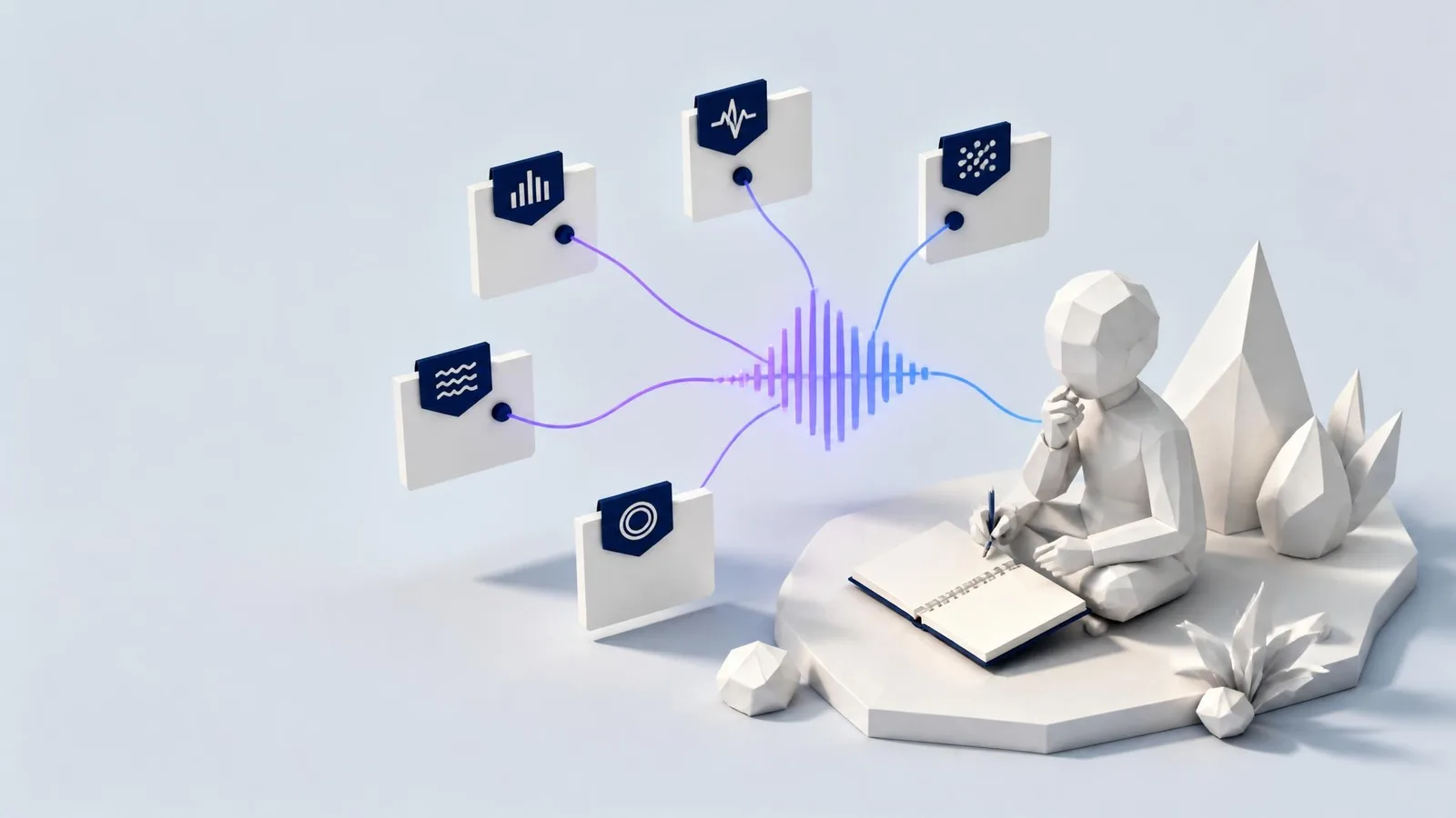 3D illustrated low-poly scene of a geometric figure with an open notebook beside a floating audio waveform, with five navy-labeled tag cards radiating outward on violet connector lines, representing the five signal types to listen for on a customer call.