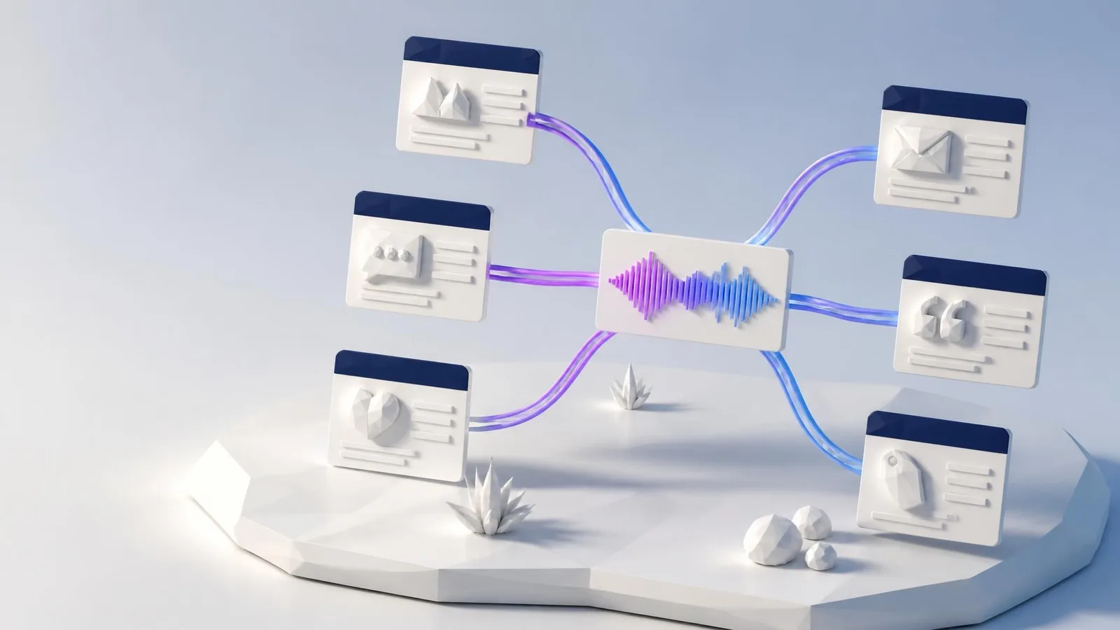3D illustrated diorama showing a central audio waveform panel with six violet curved lines branching to six floating document cards representing a blog post, FAQ entry, social post, nurture email, testimonial quote, and keyword brief, all extracted from one customer call.