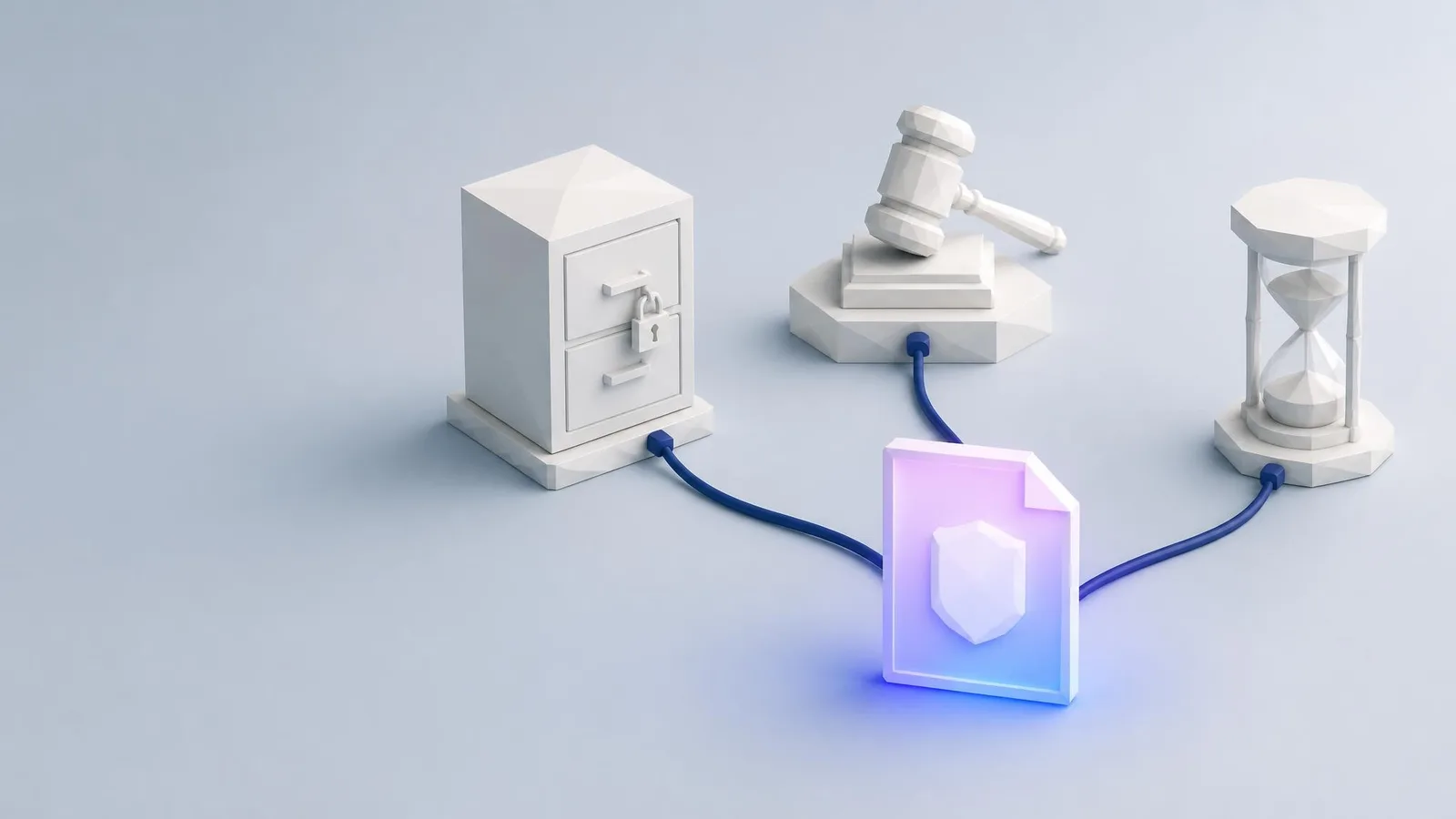 3D illustrated diorama of three geometric white objects representing confidentiality, advertising rules, and time constraints, connected by flowing indigo lines to a central document card.