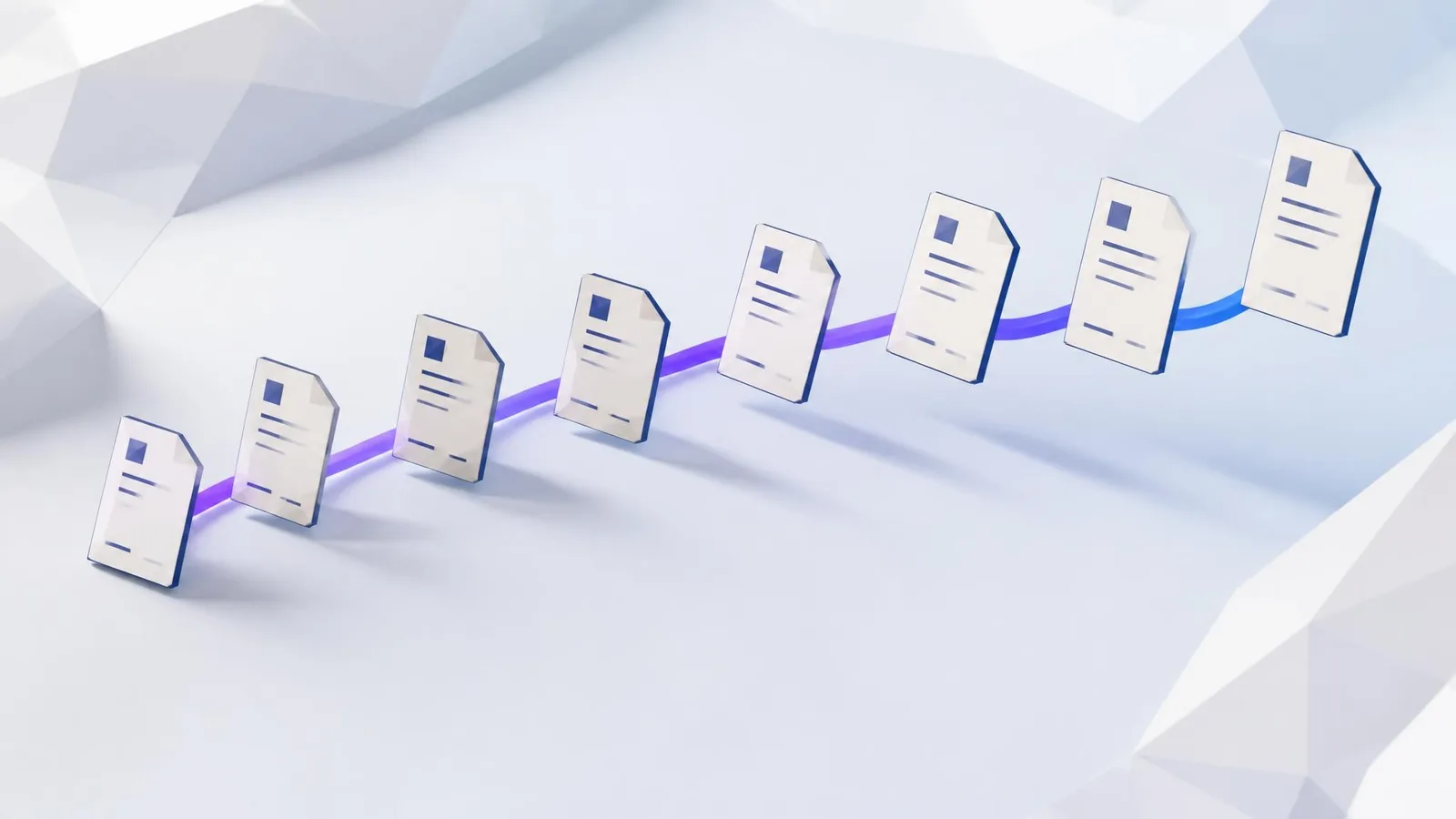 3D illustrated miniature diorama of seven floating white document cards connected by glowing violet-indigo curved lines in an ascending arc, representing seven content topics for professional services firms.