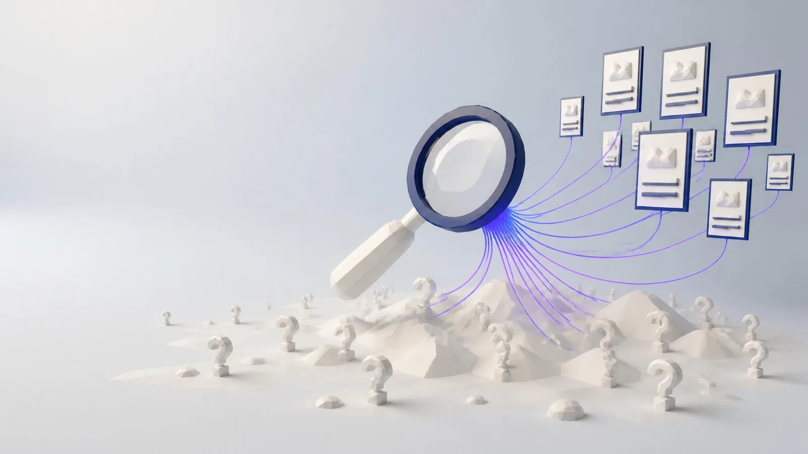 3D illustrated diorama of a geometric magnifying glass hovering over small question-mark forms, with glowing violet-indigo lines flowing toward floating document cards, representing the process of finding topics clients actually search for.