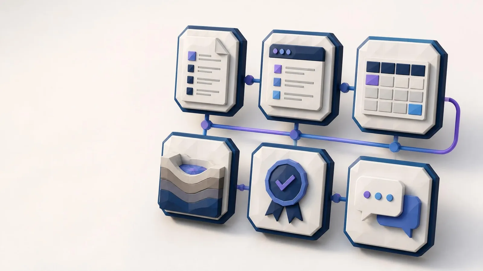 3D illustrated grid of six floating content format panels, including document cards, a browser window, a comparison table, a cross-section diagram, a certification badge, and a FAQ tile, connected by violet gradient lines on a pale background.