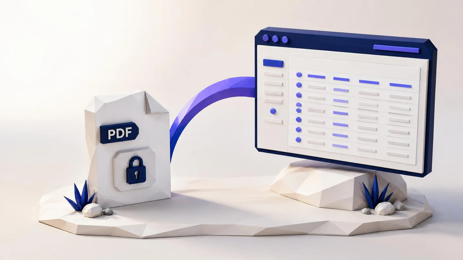 3D illustrated diorama showing a closed PDF document object connected by a violet gradient arc to an open browser window displaying indexed specification data rows, on a soft pale blue-grey gradient background.